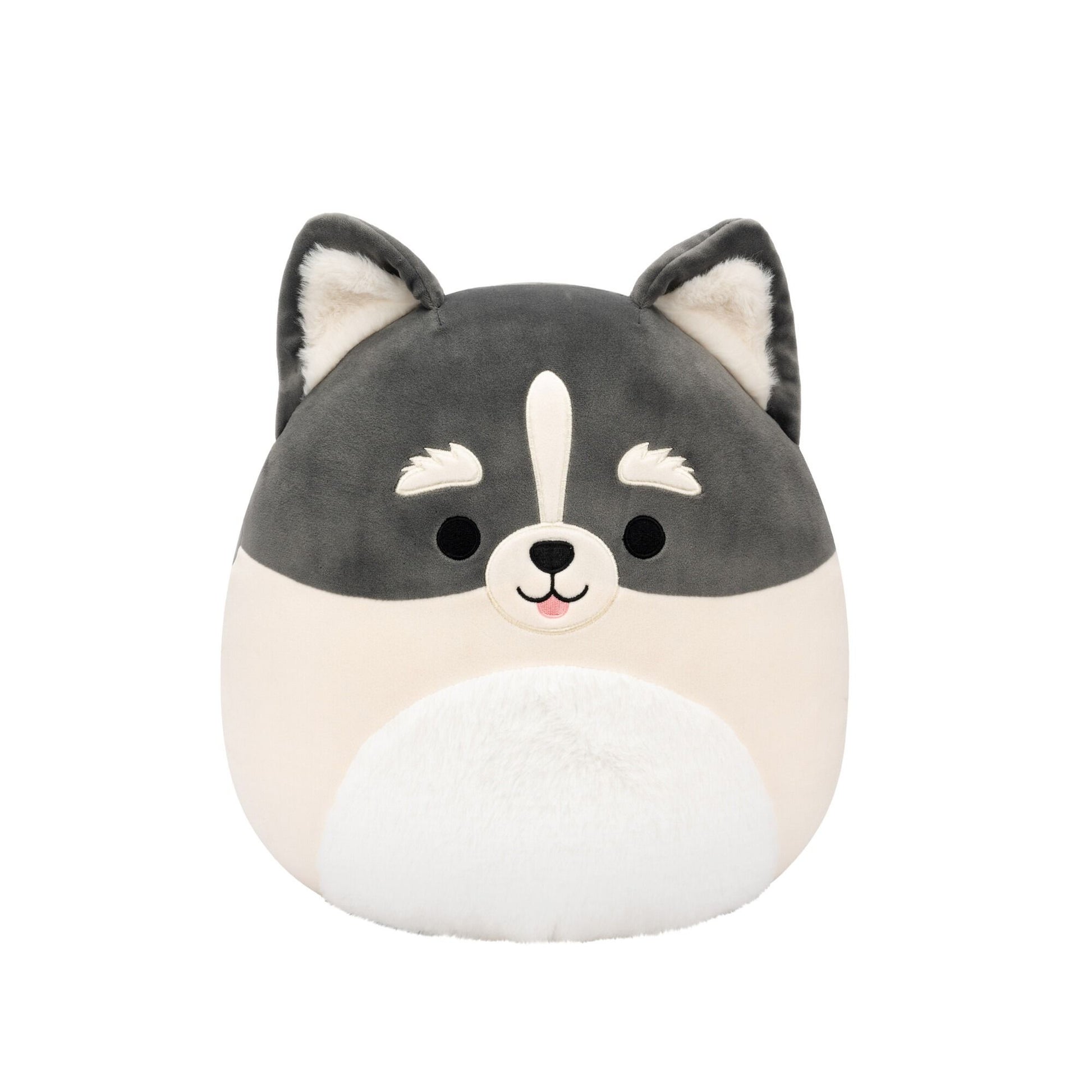 Grey and cream Squishmallow plush toy with pointed ears, black eyes, white snout stripe, and fluffy white belly