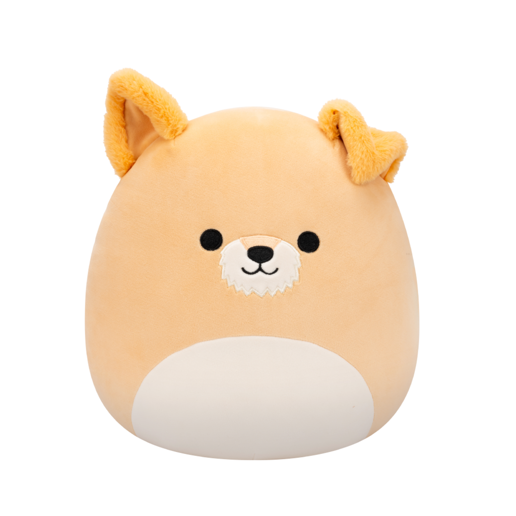 Peach-colored Squishmallow Shiba Inu plush toy with black eyes, white muzzle, embroidered smile, and fuzzy orange ears