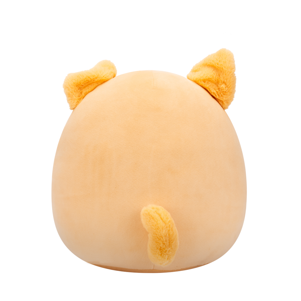Back view of peach-colored Squishmallow Shiba Inu plush toy with black eyes, white muzzle, embroidered smile, and fuzzy orange ears