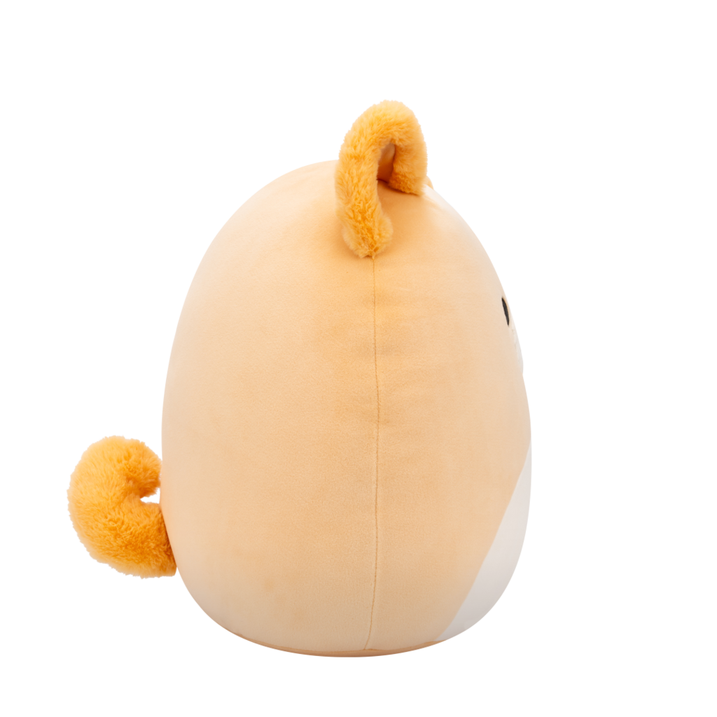 Side view of peach-colored Squishmallow Shiba Inu plush toy with black eyes, white muzzle, embroidered smile, and fuzzy orange ears
