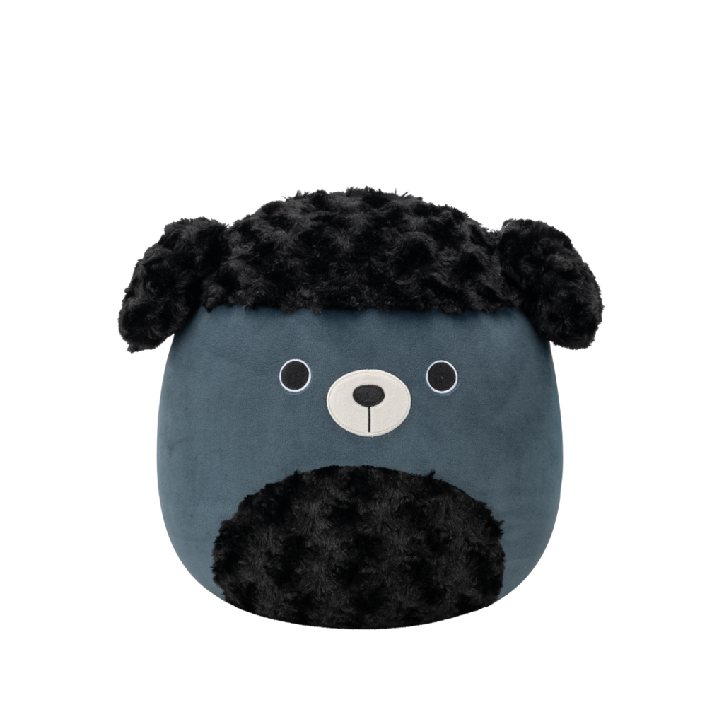 Dark blue-grey Squishmallow bear plush with shaggy black fur on its head and chest, black round eyes, and a white snout with a black nose