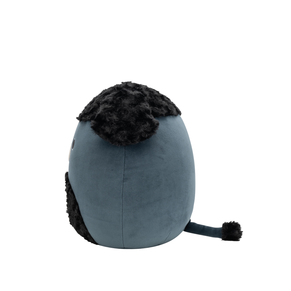 Side view of dark blue-grey Squishmallow bear plush with shaggy black fur on its head and chest, black round eyes, and a white snout with a black nose