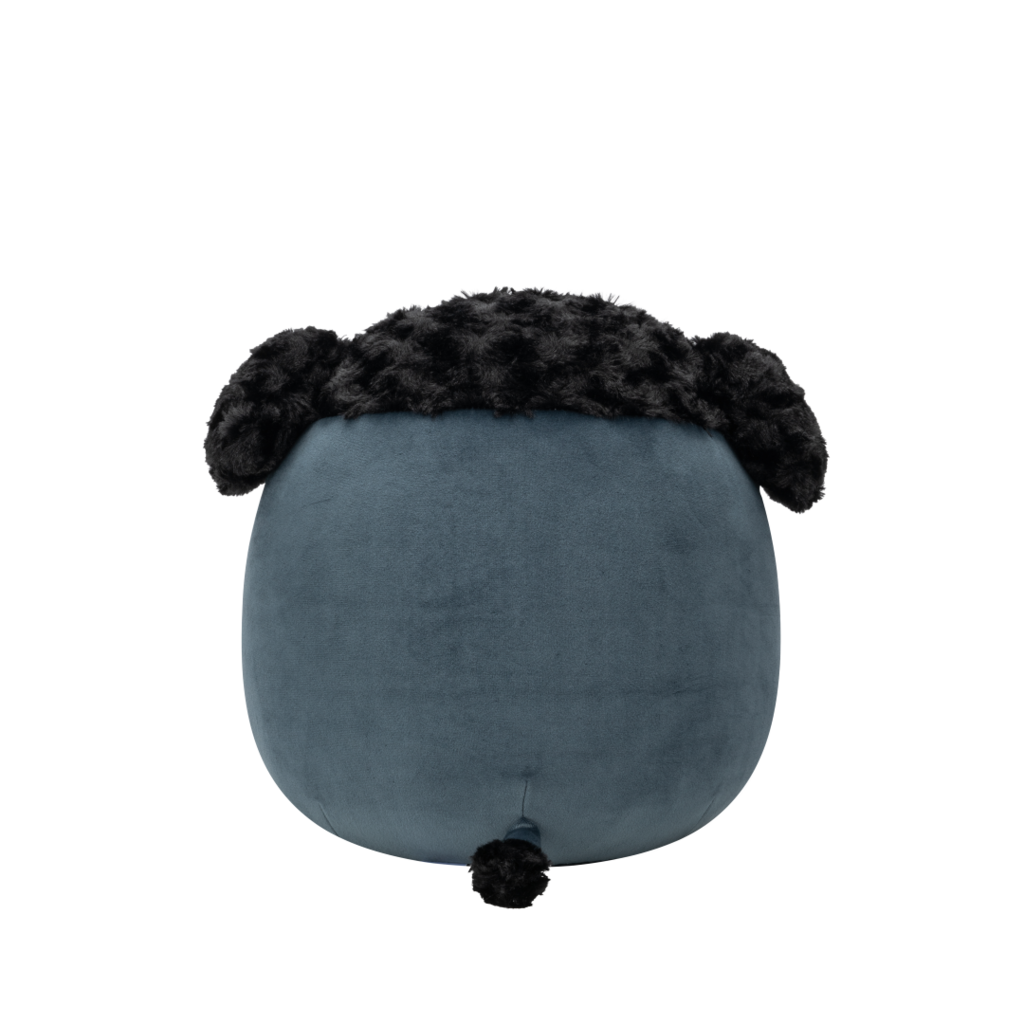 Back view of dark blue-grey Squishmallow bear plush with shaggy black fur on its head and chest, black round eyes, and a white snout with a black nose