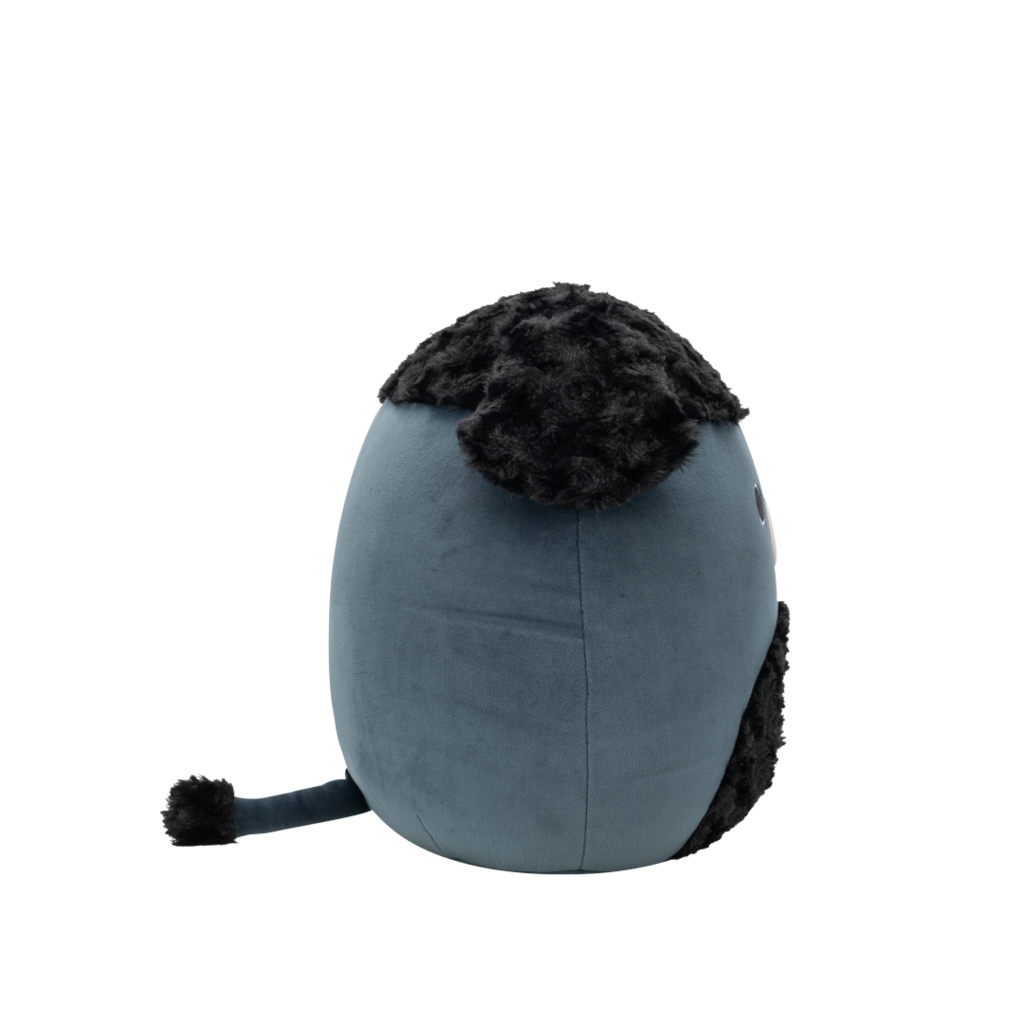Side view of dark blue-grey Squishmallow bear plush with shaggy black fur on its head and chest, black round eyes, and a white snout with a black nose