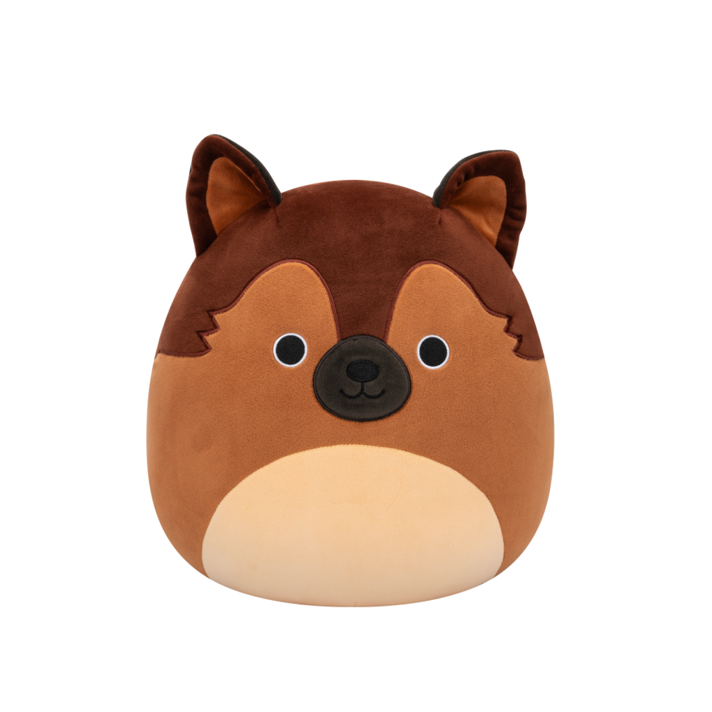 Brown and tan Squishmallow plush toy with dark brown pointed ears, black eyes, and a small black nose