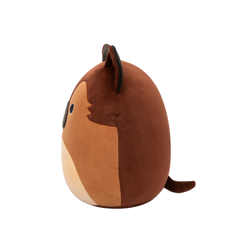 Side view of brown and tan Squishmallow plush toy with dark brown pointed ears, black eyes, and a small black nose