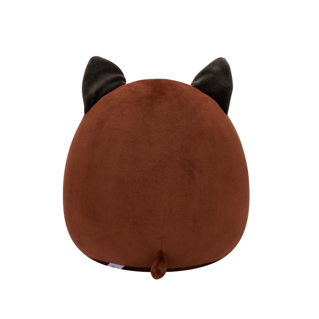 Back view of brown and tan Squishmallow plush toy with dark brown pointed ears, black eyes, and a small black nose