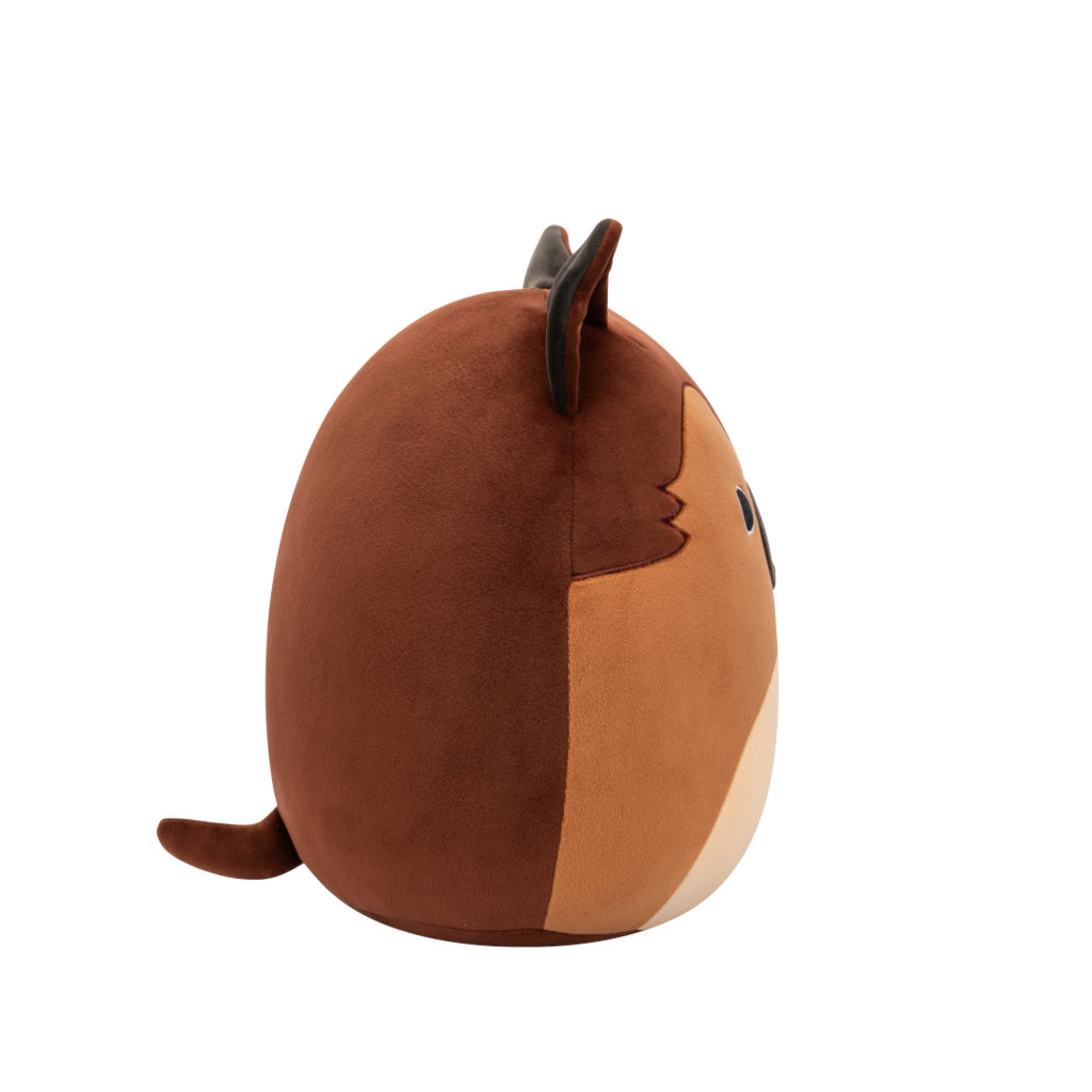 Side view of brown and tan Squishmallow plush toy with dark brown pointed ears, black eyes, and a small black nose