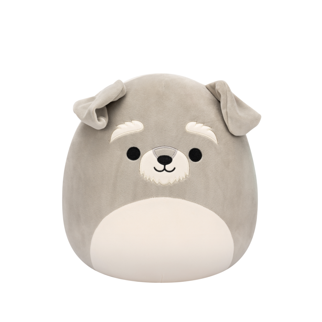 Soft grey plush animal toy with black eyes, white eyebrows, and a white beard on a black background