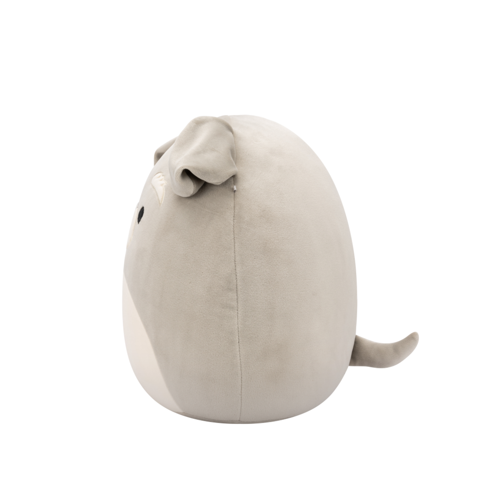 Side view of soft grey plush animal toy with black eyes, white eyebrows, and a white beard on a black background