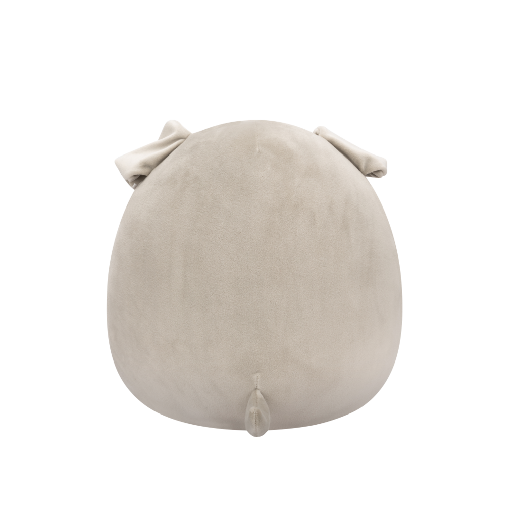 Back view of soft grey plush animal toy with black eyes, white eyebrows, and a white beard on a black background