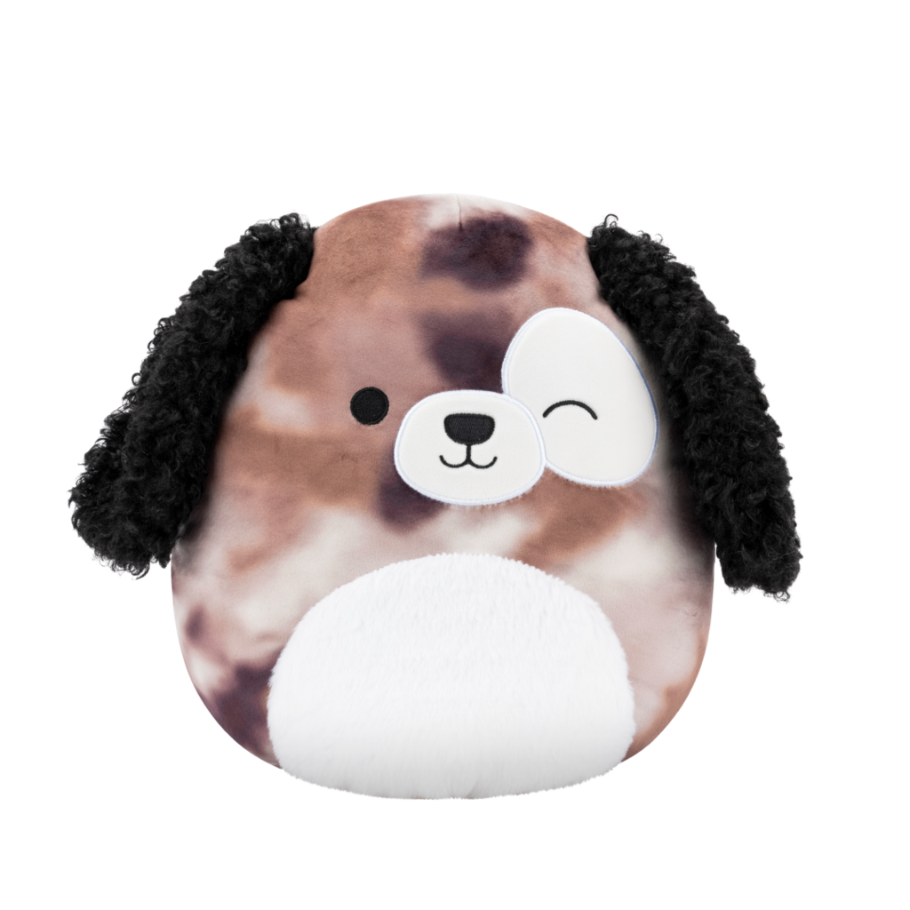 Round plush dog toy with speckled brown body, curly black ears, white belly, and a winking, smiling face