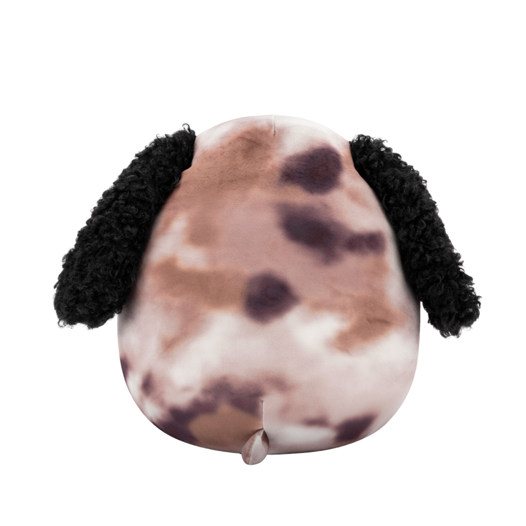 Back view of round plush dog toy with speckled brown body, curly black ears, white belly, and a winking, smiling face