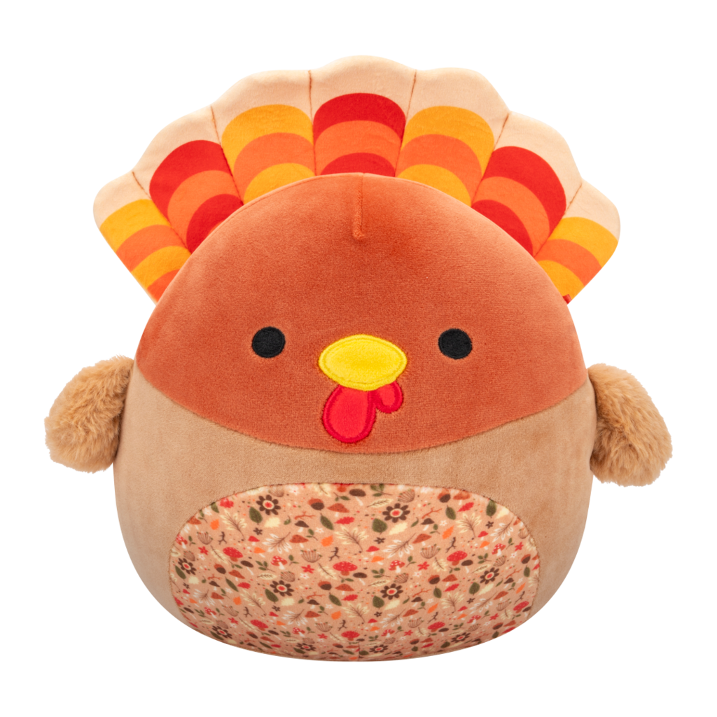 Soft brown turkey plush toy with red, orange, yellow tail feathers, black eyes, yellow beak, and an autumn-patterned belly