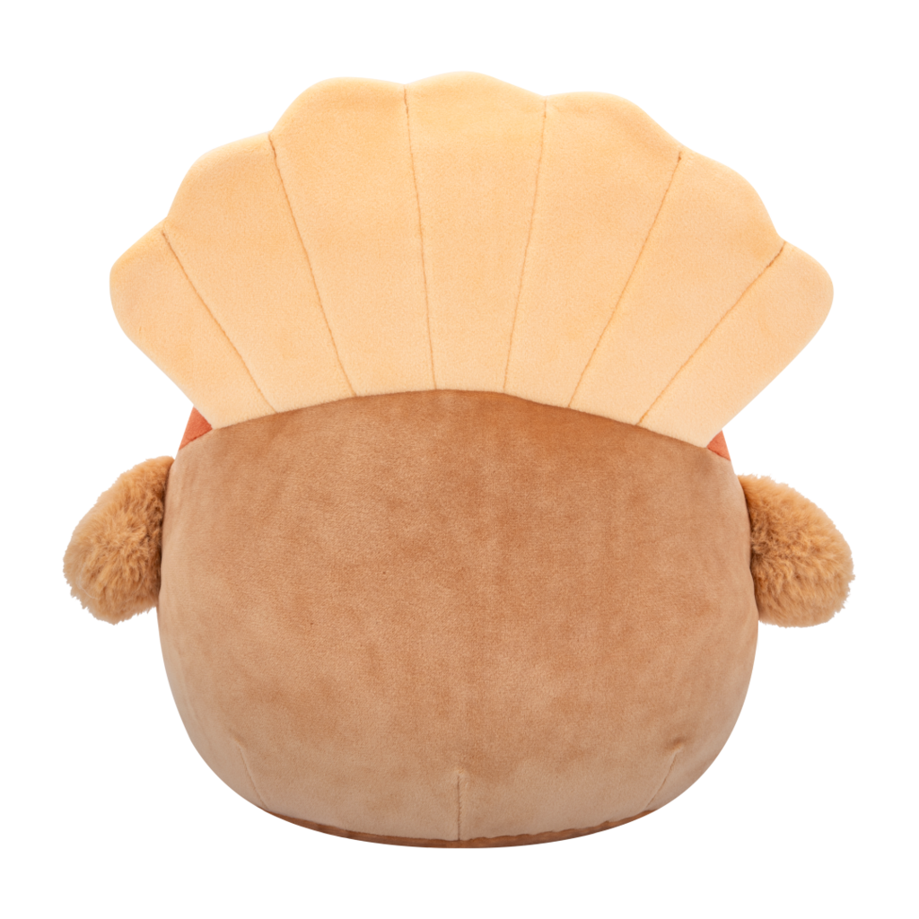 Back veiw of soft brown turkey plush toy with red, orange, yellow tail feathers, black eyes, yellow beak, and an autumn-patterned belly