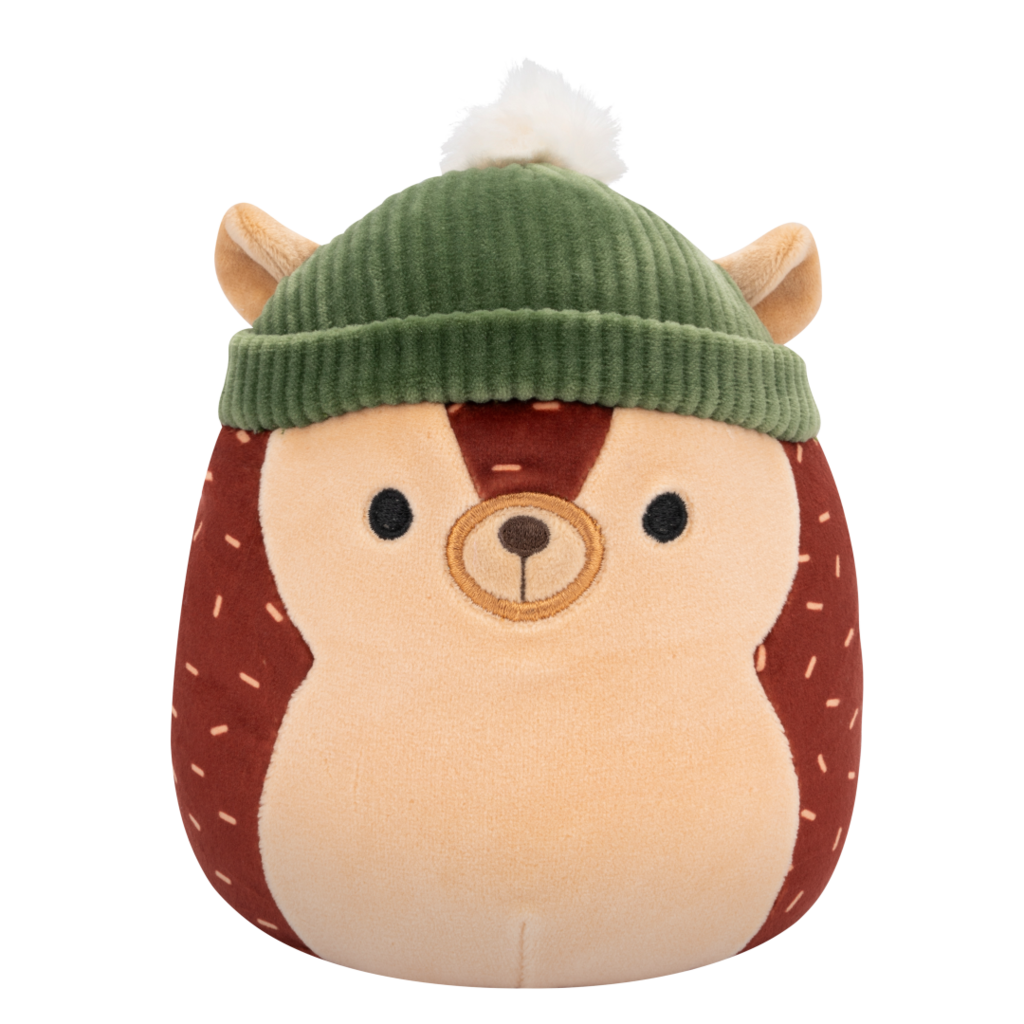 Squishmallow hedgehog plush toy with a brown body, tan face, and light brown dash patterns, wearing a green ribbed beanie with a white pom-pom