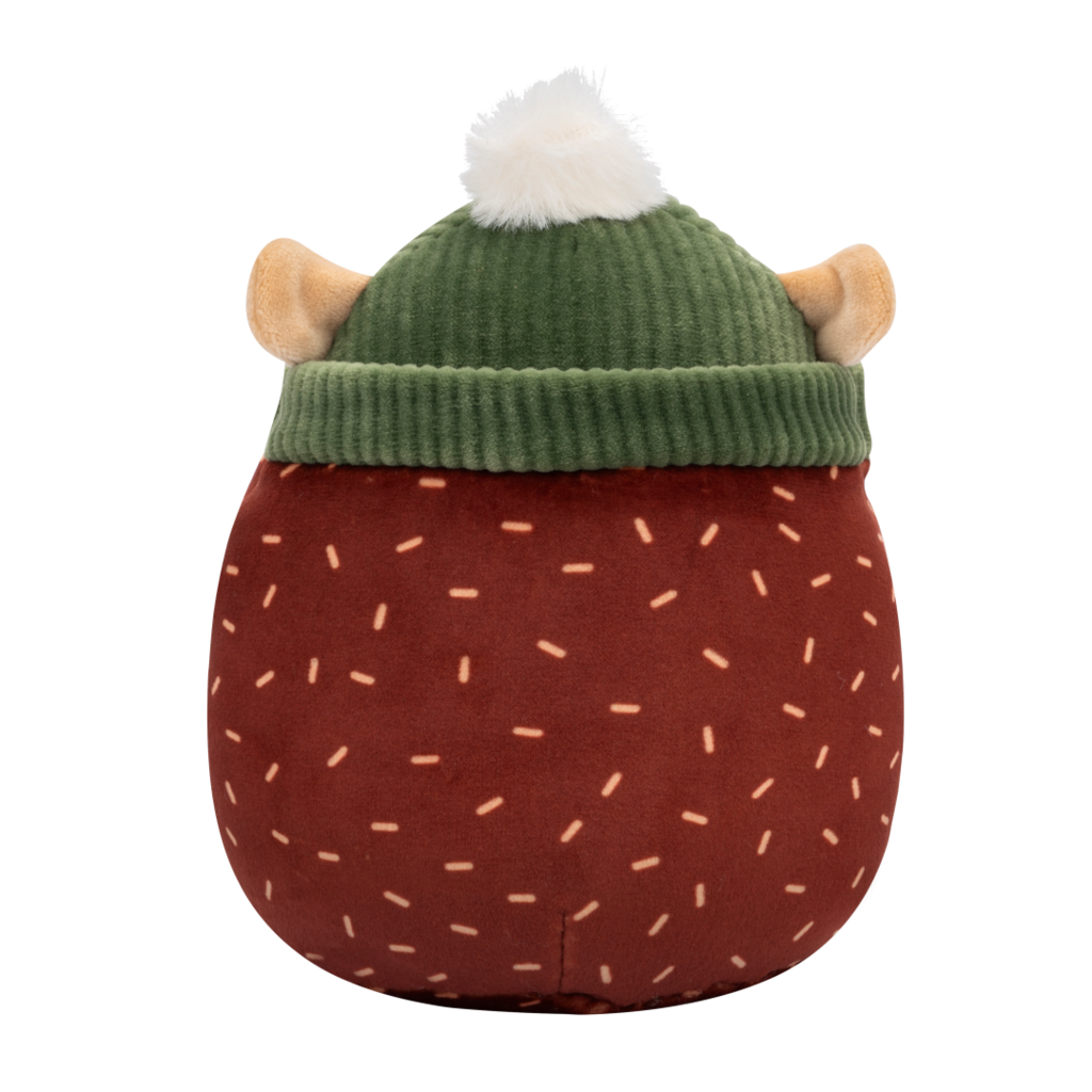 Back view of Squishmallow hedgehog plush toy with a brown body, tan face, and light brown dash patterns, wearing a green ribbed beanie with a white pom-pom