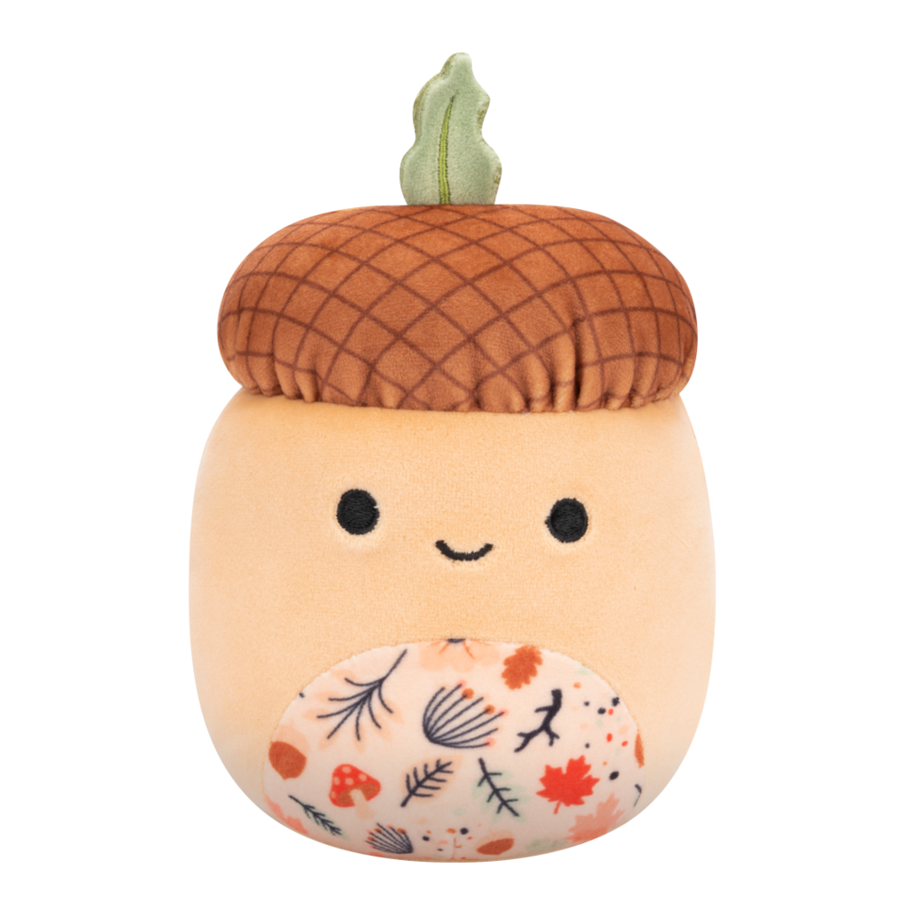 Plush toy with a textured brown cap, green leaf stem, friendly face, and a belly patterned with colorful autumn leaves and mushrooms