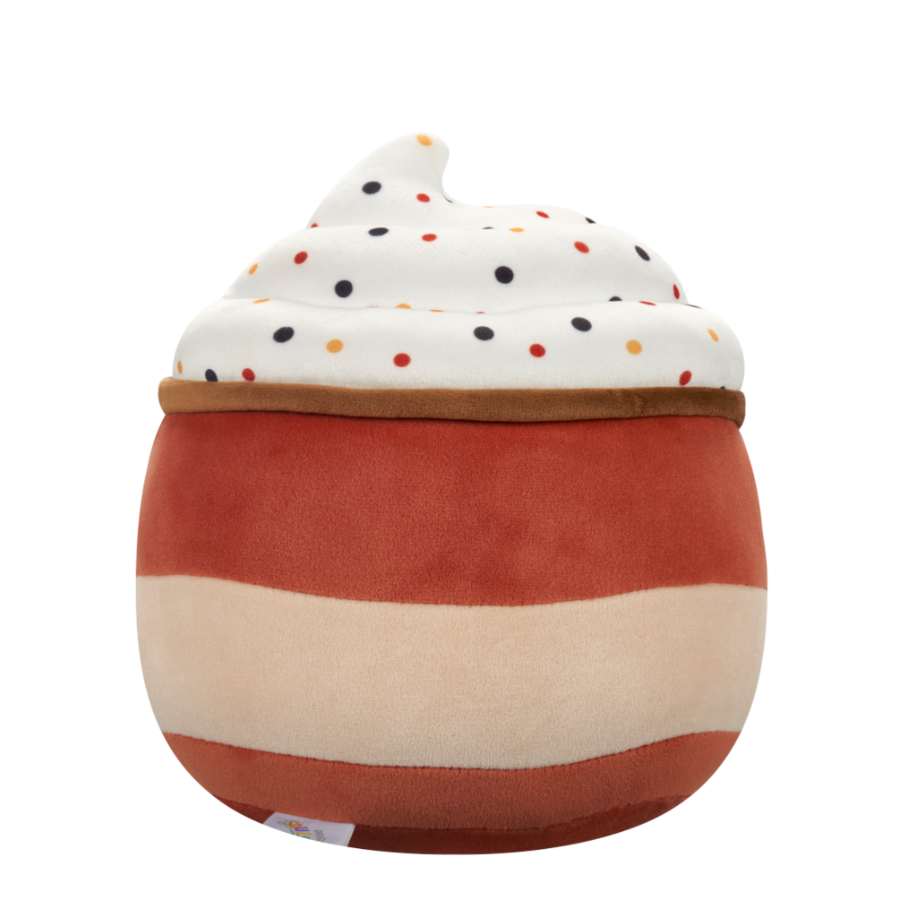 Back view of apple pie plush toy with whipped cream, colorful sprinkles, a smiling face, an apple slice, and an embroidered apple on its striped body