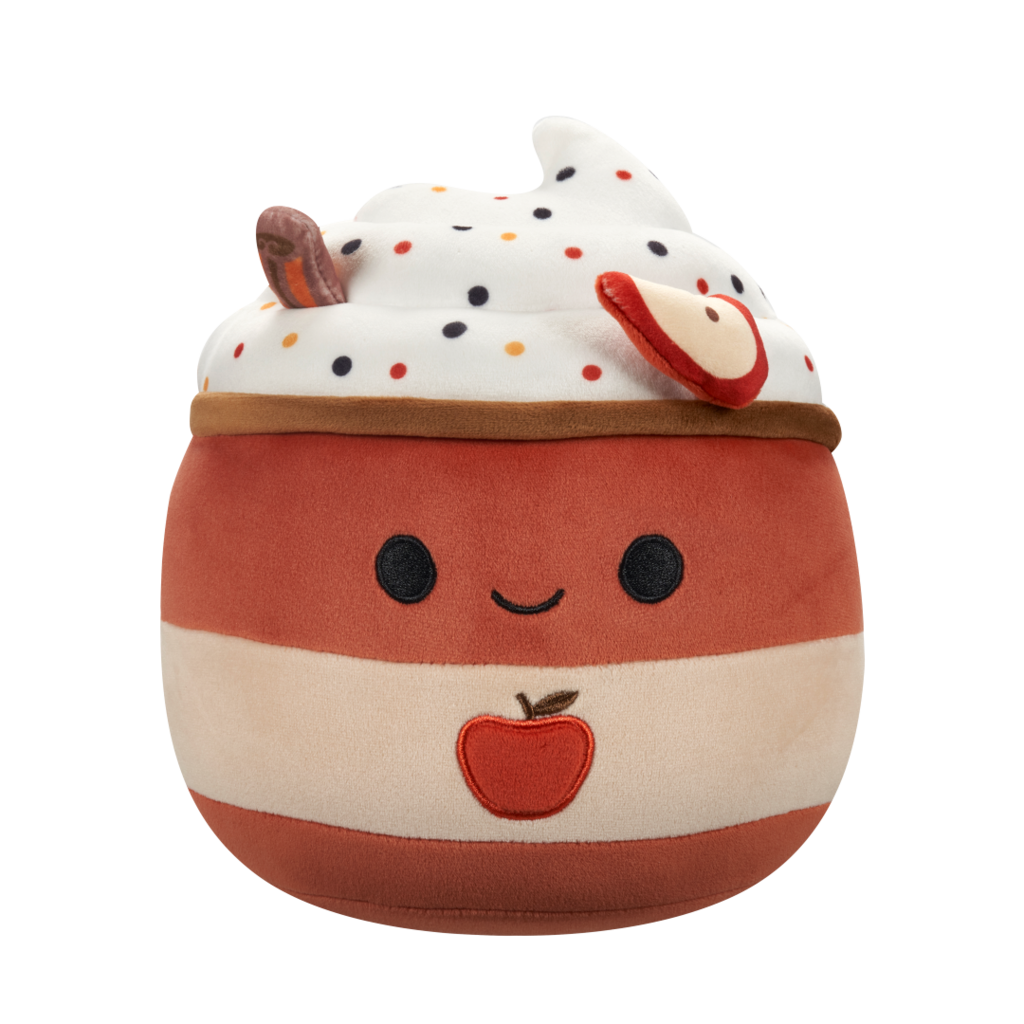 Apple pie plush toy with whipped cream, colorful sprinkles, a smiling face, an apple slice, and an embroidered apple on its striped body