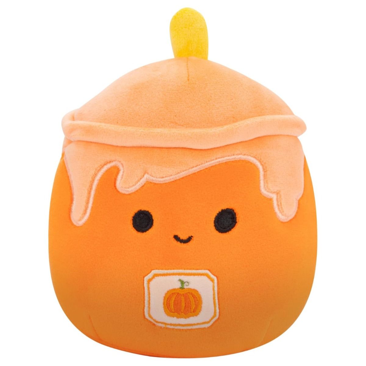 Orange pumpkin-themed plush toy designed as a drink, with light orange whipped cream, yellow straw, cute black eyes, smile, and a pumpkin label on its belly