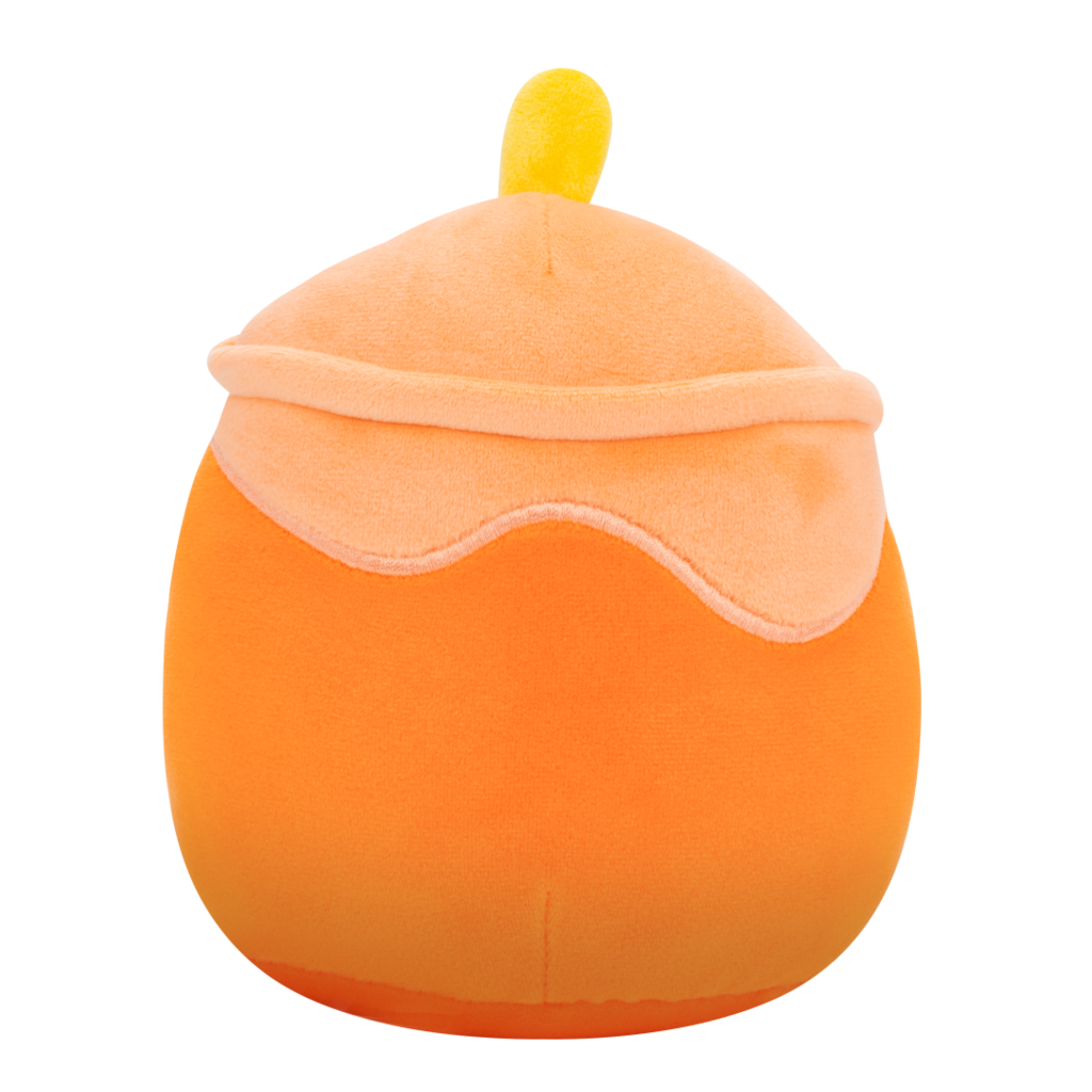 Back view of orange pumpkin-themed plush toy designed as a drink, with light orange whipped cream, yellow straw, cute black eyes, smile, and a pumpkin label on its belly