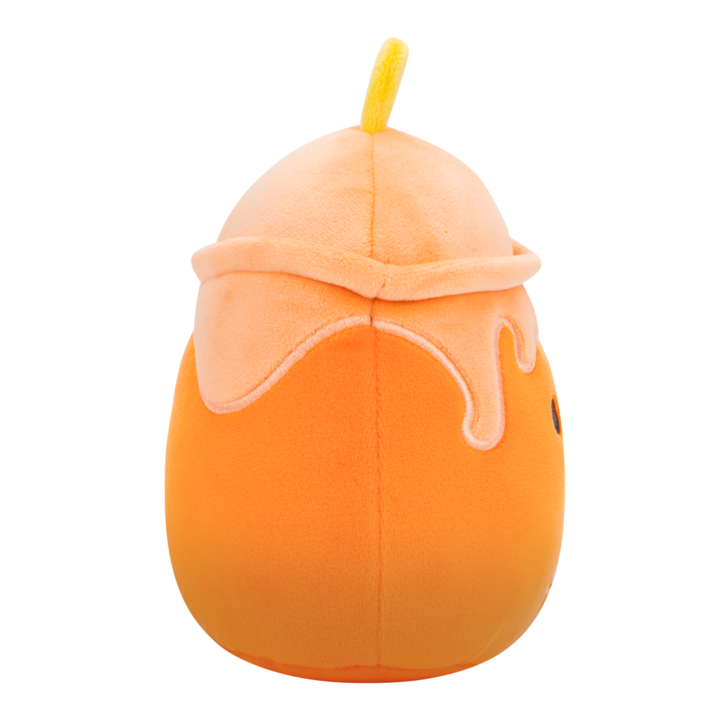 Side view of orange pumpkin-themed plush toy designed as a drink, with light orange whipped cream, yellow straw, cute black eyes, smile, and a pumpkin label on its belly