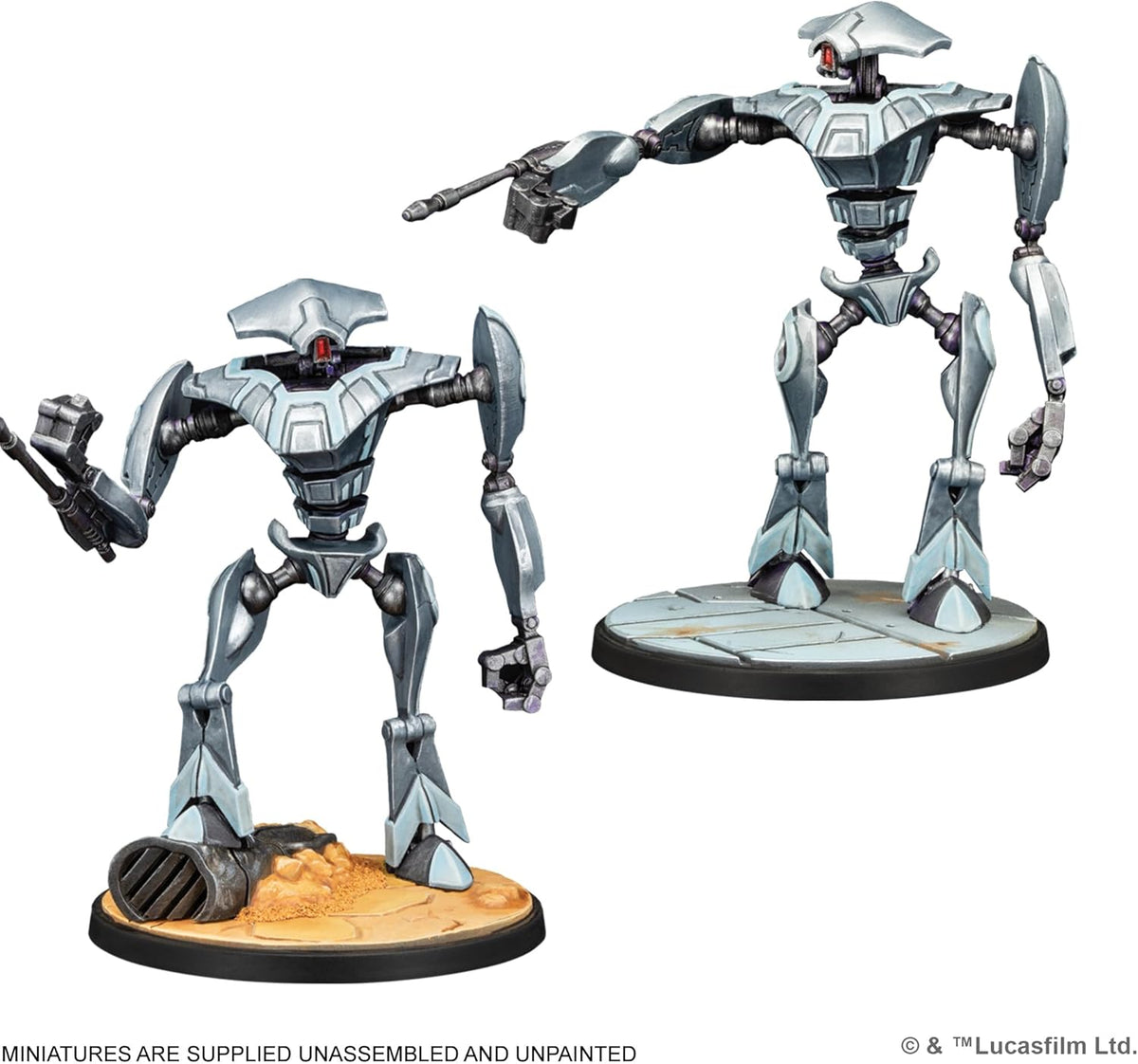 Two metallic Star Wars battle droid miniatures. One aims a blaster, the other points its arm-cannon forward