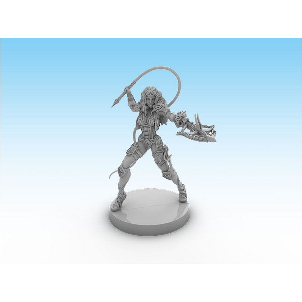 Unpainted grey fantasy miniature of an armored female warrior wielding a whip and an arm-mounted weapon