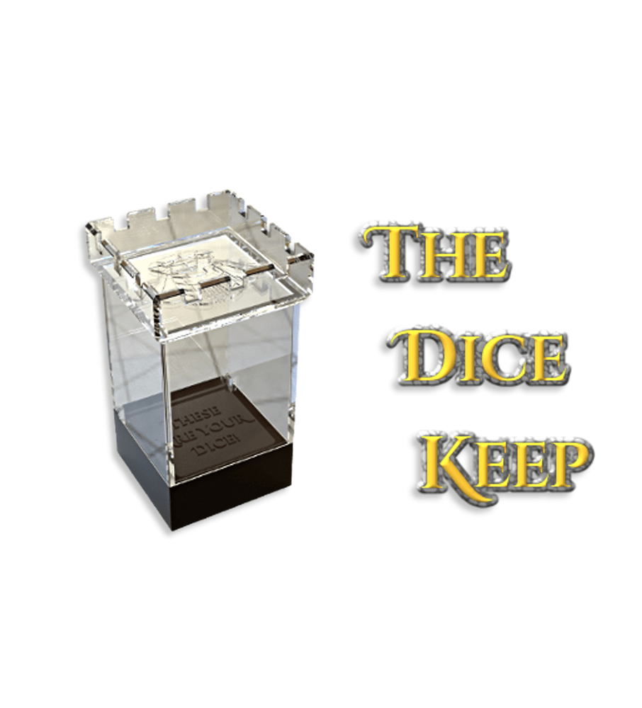 Clear, castle-topped acrylic dice tower on a dark base, next to stylized golden text "THE DICE KEEP".