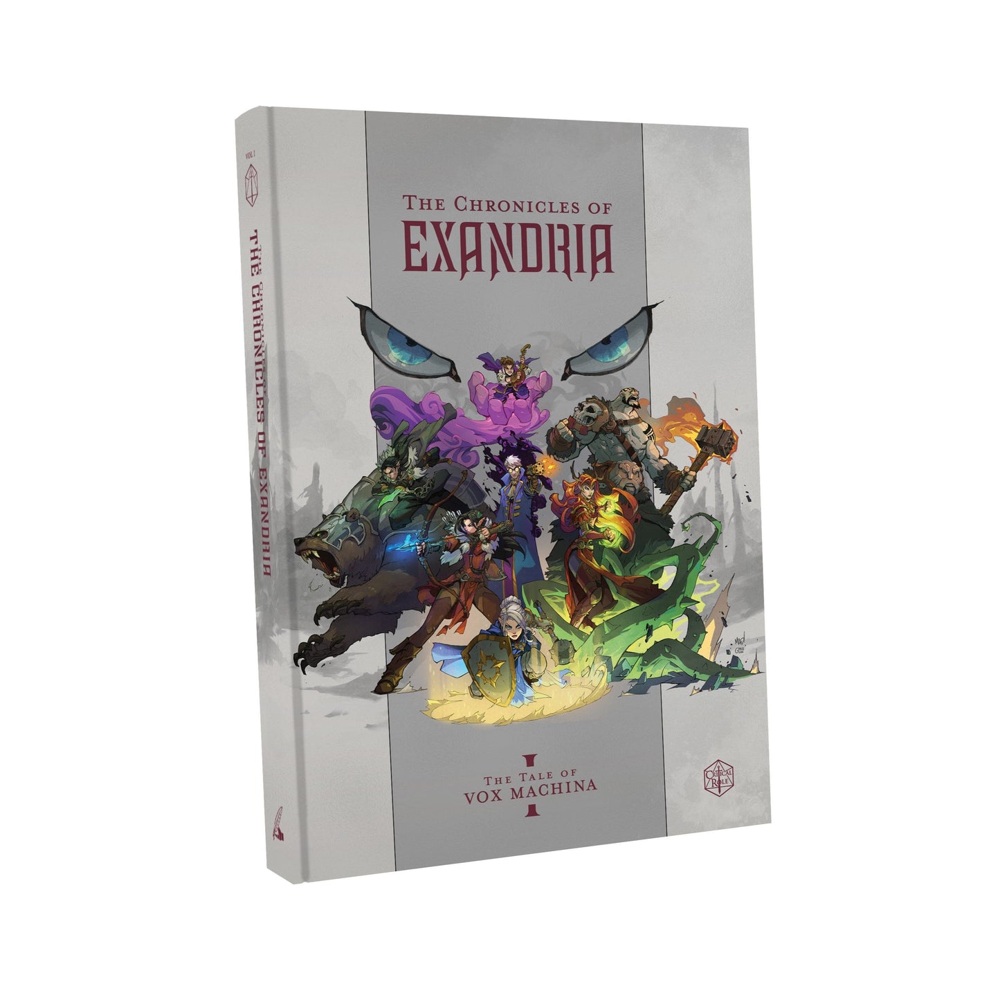 Book cover for "The Chronicles of Exandria: The Tale of Vox Machina Vol 1" shows fantasy adventurers and large blue eyes