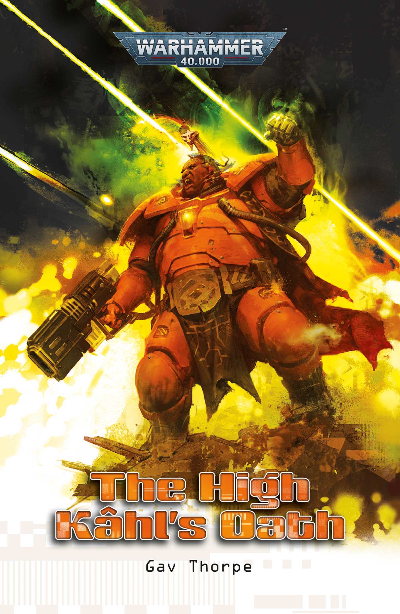Warhammer 40,000: Armored High Kãhl roars, fist raised, holding weapon amidst explosions