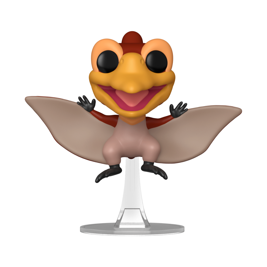 Funko Pop! figure of a smiling orange pterodactyl with wings spread, on a clear display stand