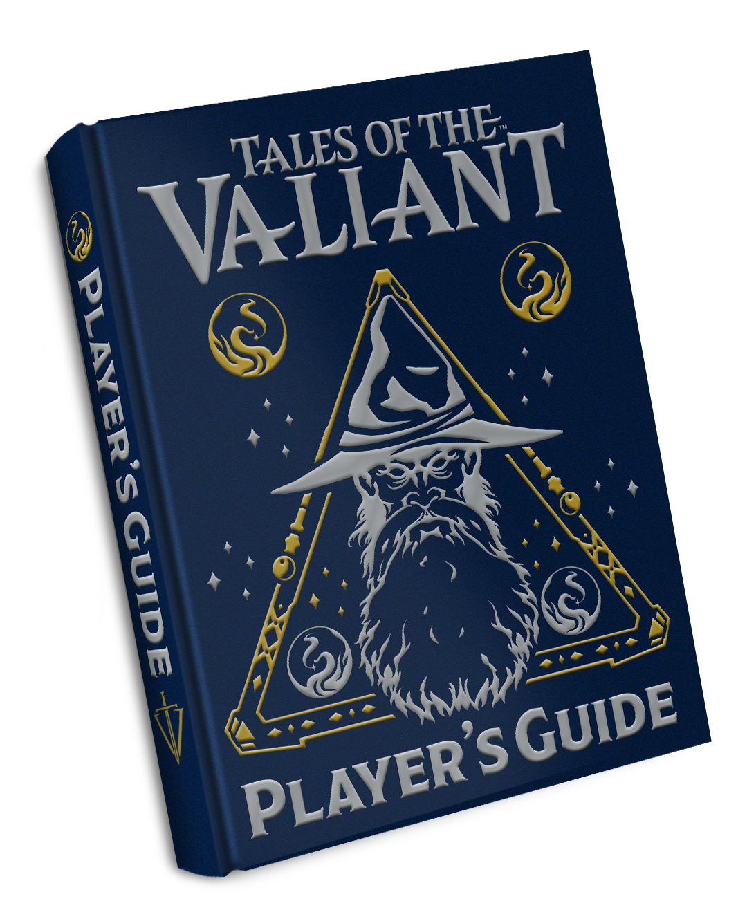 A dark blue Tales of the Valiant Players Guide rulebook features a silver wizard illustration in a gold triangle with the title in silver text