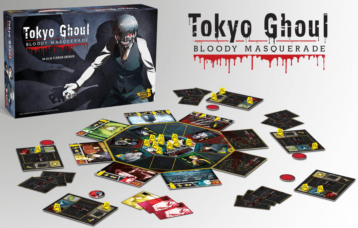Tokyo Ghoul Bloody Masquerade board game box with Kaneki, plus hexagonal game board and cards laid out
