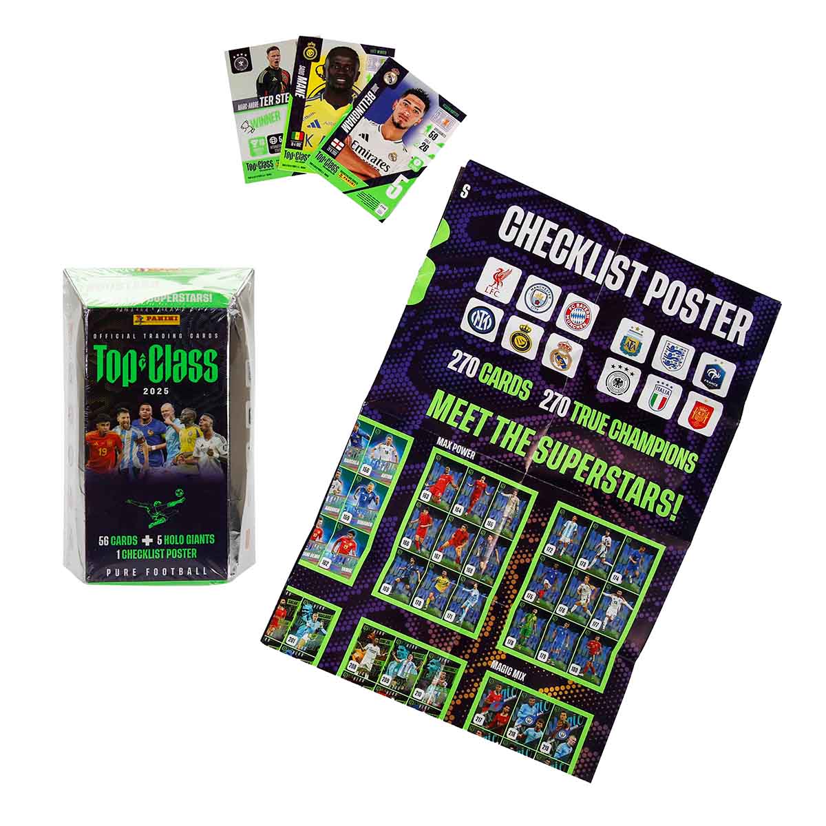 A Panini Top Class 2025 football card set, showing a sealed box, loose player cards and a checklist poster