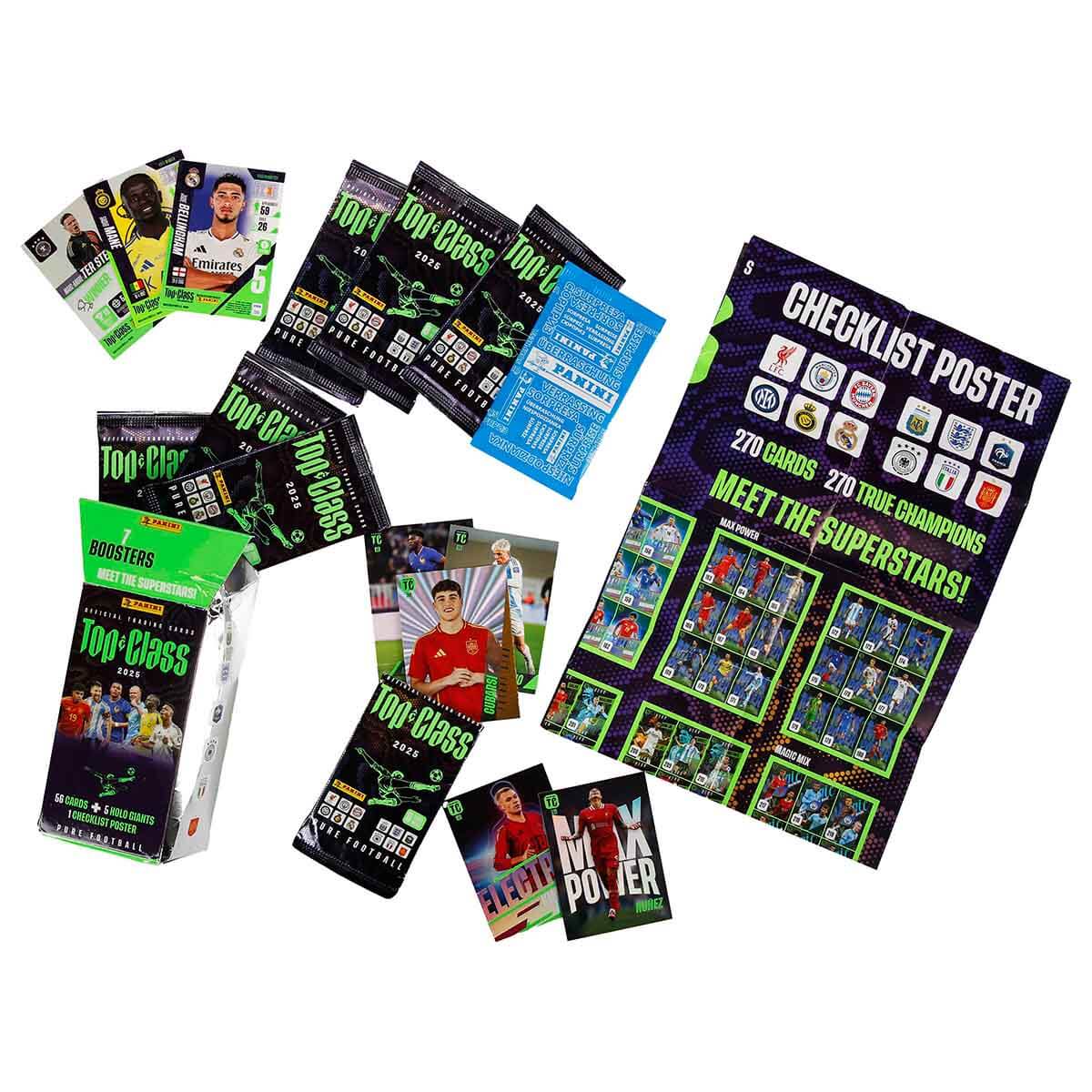 Panini Top Class 2025 football card collection: booster packs, loose player cards and a checklist poster