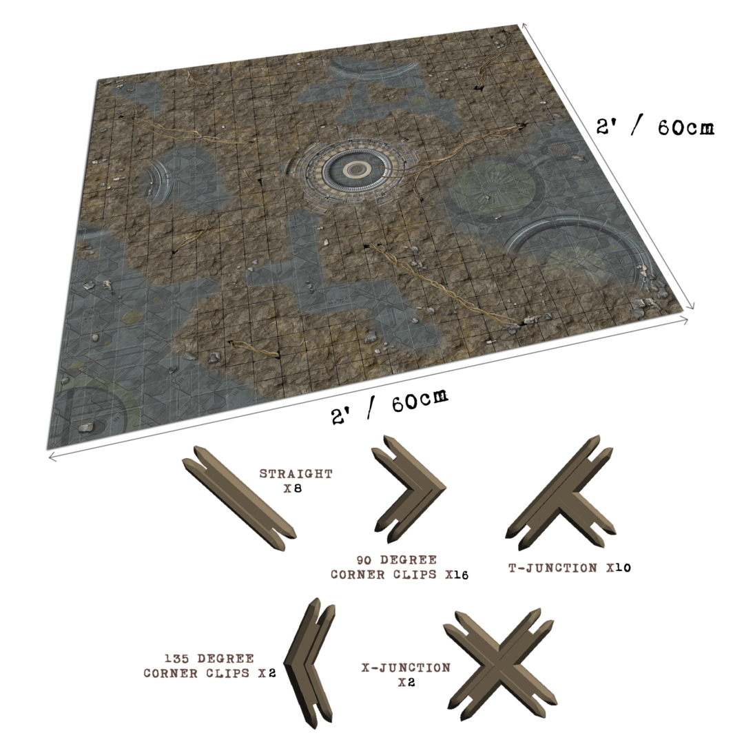 A gridded terrain map with industrial design, showing five labeled modular clips (straight, 90°, 135°, T, X-junctions).
