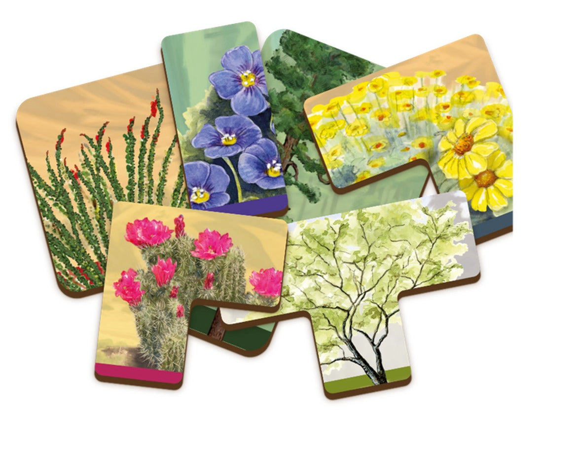 Several overlapping game tiles, each illustrated with different plants, including flowers, cacti, and trees