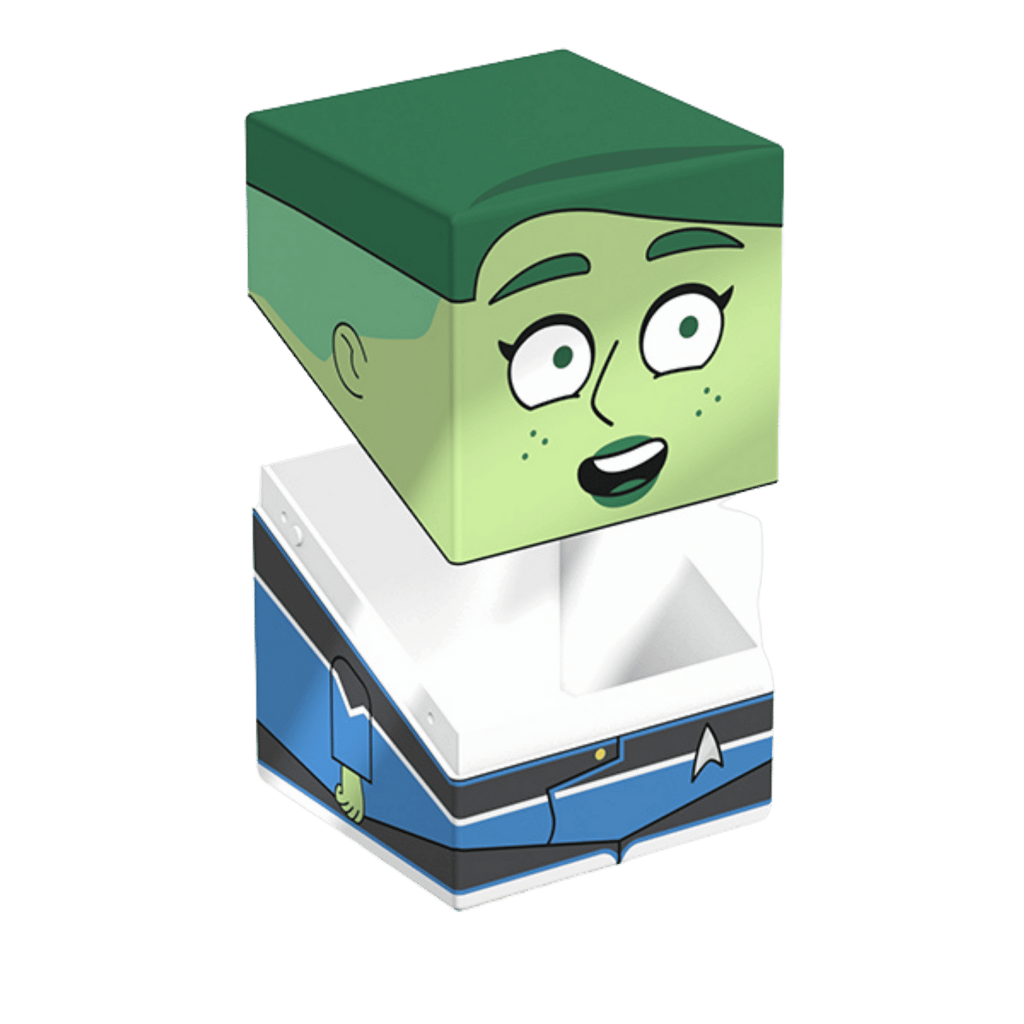 Green-skinned Beckett Mariner block figure in a blue Starfleet uniform. Head detached above torso