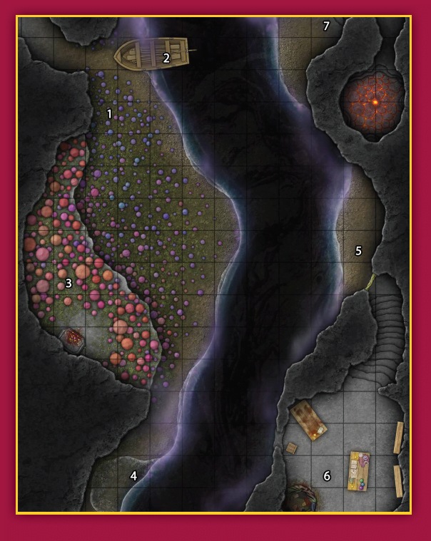 A fantasy battle map from Kobold Press Underworld Lairs shows a dark river winding through caves with glowing fungi, a boat, and numbered sections on a grid