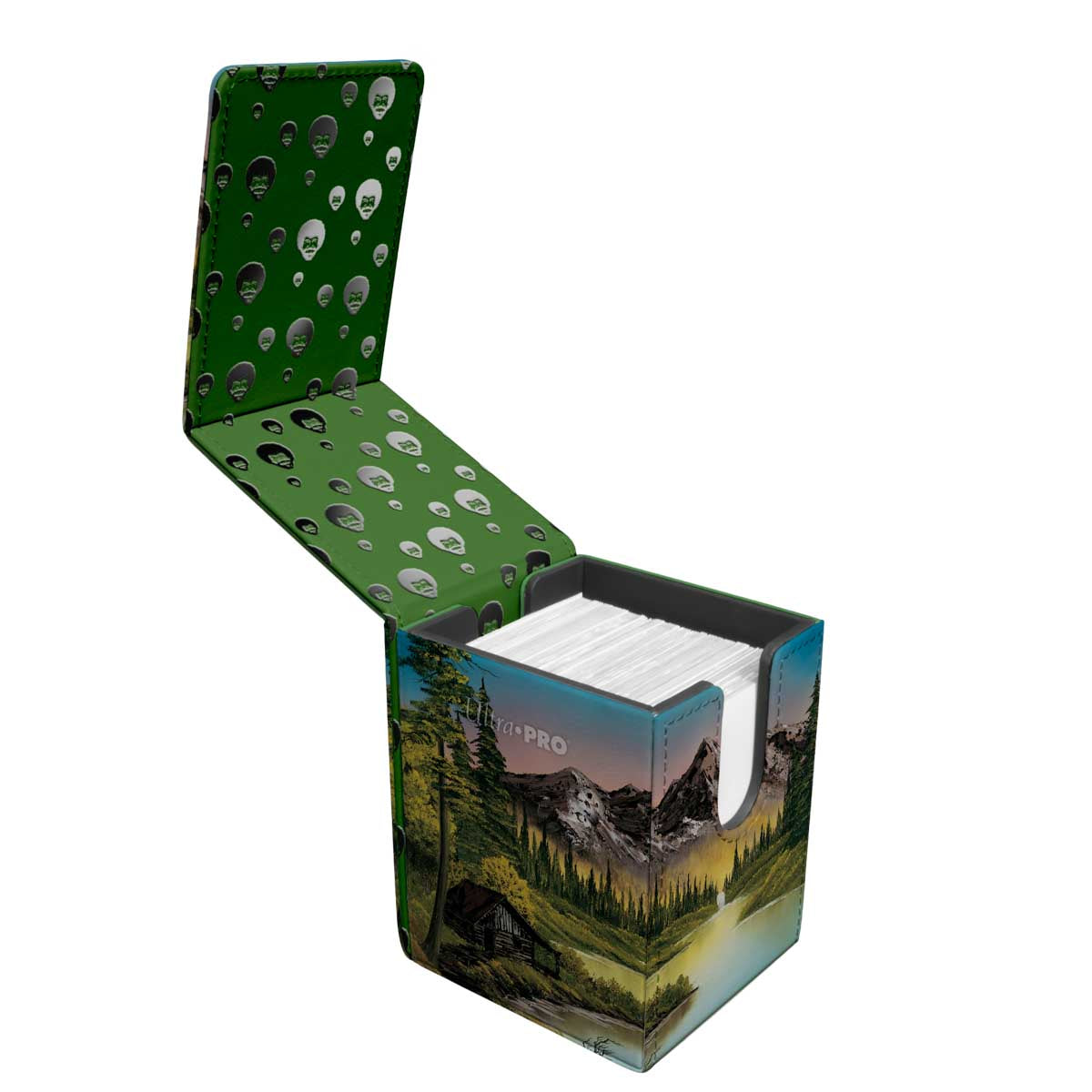 Open trading card deck box featuring Bob Ross style mountain landscape and full of cards