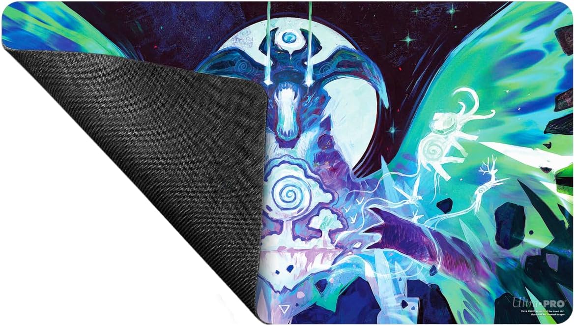 Fantasy playmat with vibrant cosmic art: a celestial creature, spirit animals, and swirling green energy. Black rubber backing shown