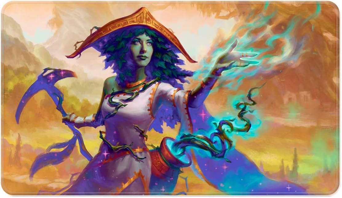 Ultra Pro Playmat featuring a green-skinned nature spirit with leaf hair and golden hat casts glowing blue magic from her hand, holding a scythe