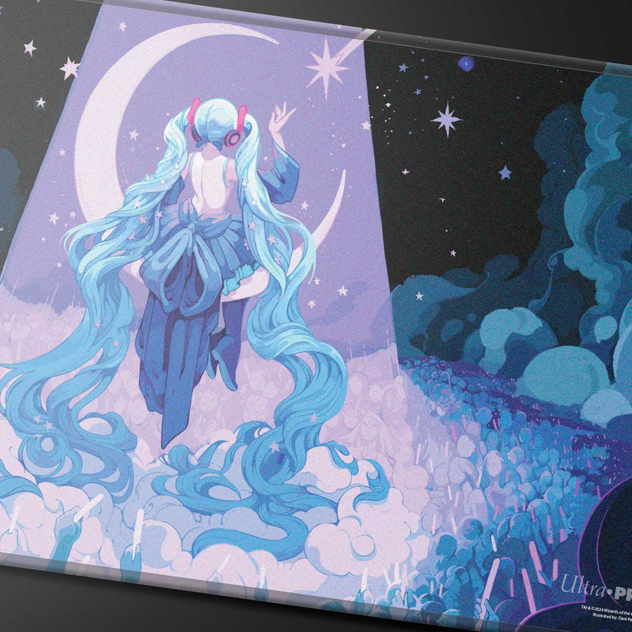 Hatsune Miku with long blue hair sits on a crescent moon, reaching for a star above a large concert crowd