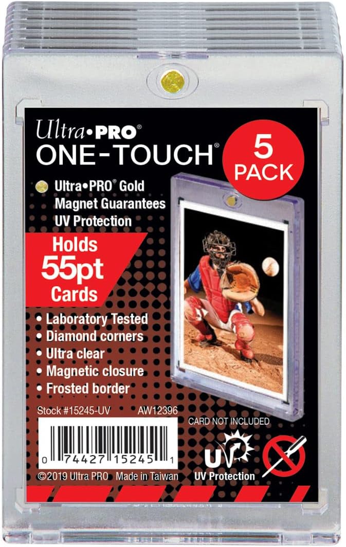 Ultra-PRO ONE-TOUCH 5-pack of clear 55pt magnetic card holders, featuring UV protection and a baseball card example