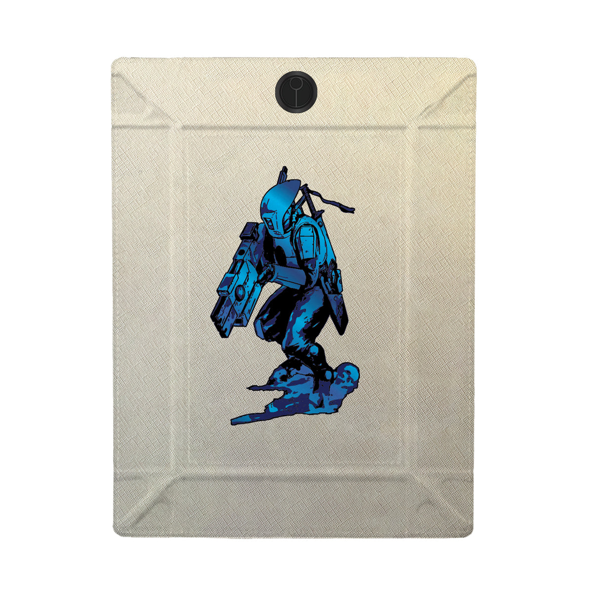 Blue armored figure crouching with a large gun, illustrated on a beige dice tray with a black magnetic clasp