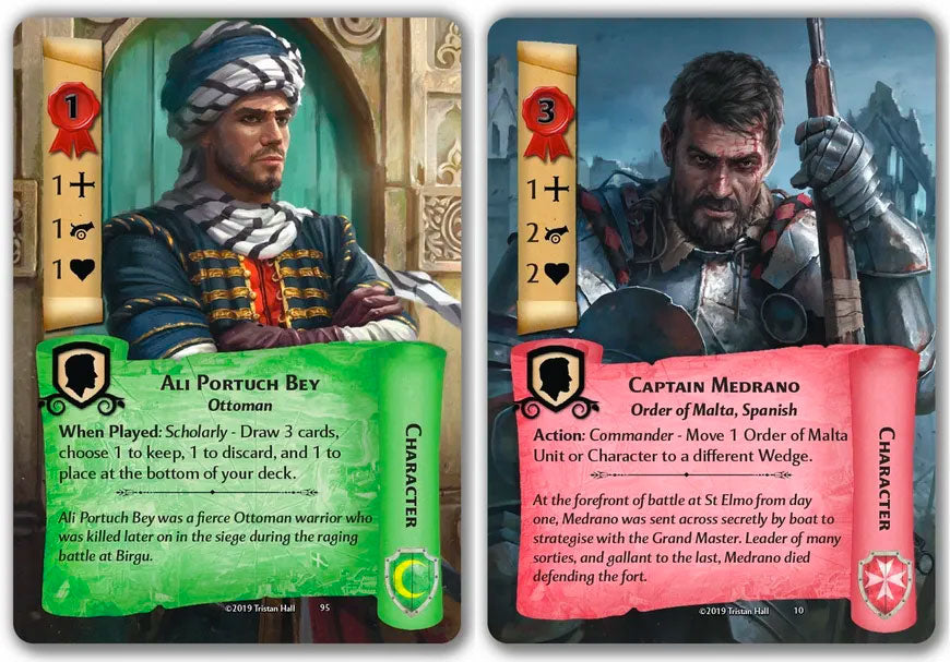 Hall or Nothing 1565 The Great Siege of Malta card game featuring Ottoman warrior Ali Portuch Bey and Order of Malta captain Medrano character cards