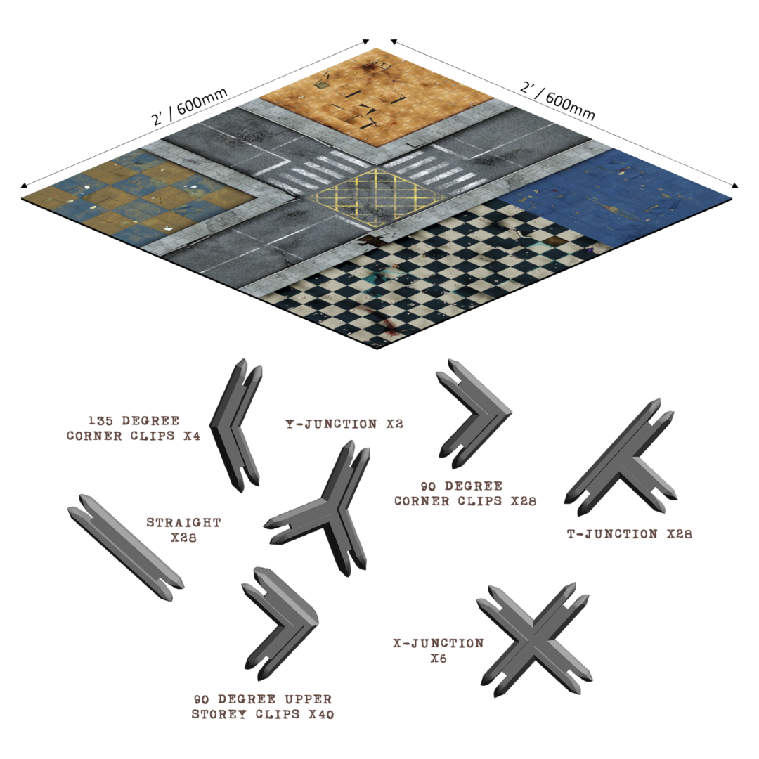 Modular tabletop game board tiles with urban/industrial textures and various connecting clips for assembly.