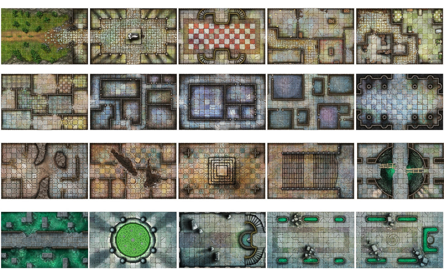 Collection of fantasy dungeon and outdoor terrain map tiles for tabletop roleplaying games